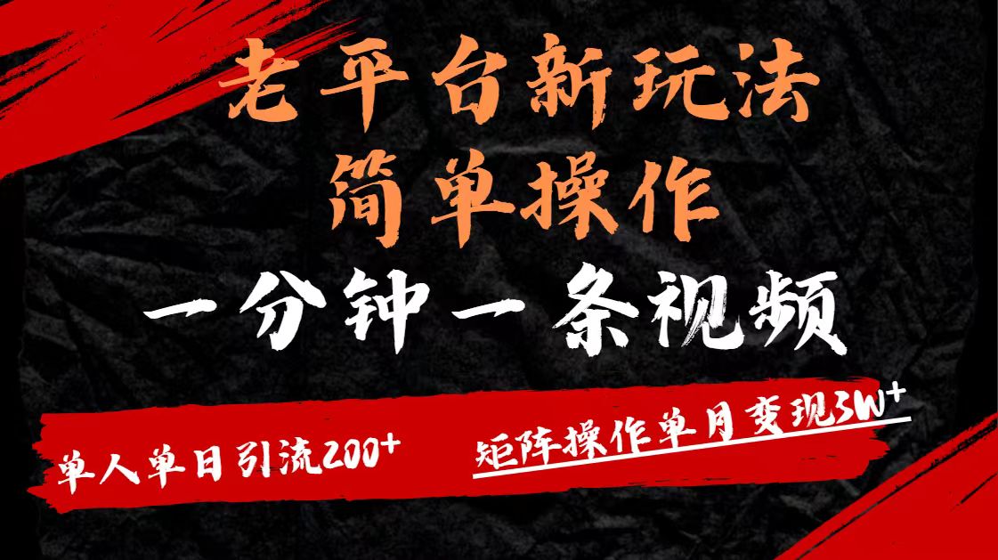 老平台，新玩法，简单操作，一分钟一条视频，单人单人引流200+矩阵操作，单月变现3W时点搞钱-网创项目资源站-副业项目-创业项目-搞钱项目时点搞钱
