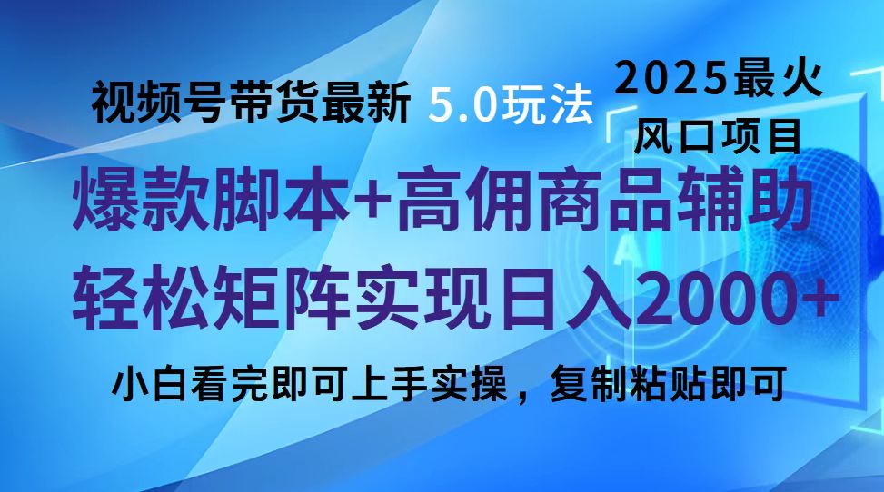 视频号带货最新5.0玩法,作品制作简单,当天起号,复制粘贴,脚本辅助,轻松矩阵日入2000+时点搞钱-网创项目资源站-副业项目-创业项目-搞钱项目时点搞钱