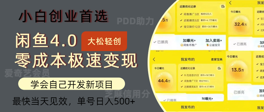 闲鱼0成本极速变现项目，多种变现方式，单号日入500+最新玩法时点搞钱-网创项目资源站-副业项目-创业项目-搞钱项目时点搞钱