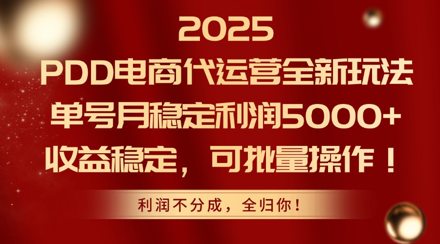 2025 PDD电商代运营全新玩法，单号月稳定利润5000+，收益稳定，可批量操作！时点搞钱-网创项目资源站-副业项目-创业项目-搞钱项目时点搞钱