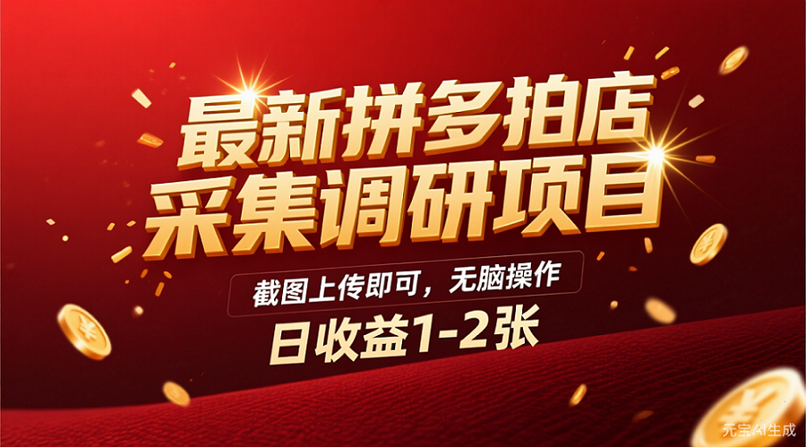 最新拼多多拍店采集调研项目，截图上传即可，无脑操作，日收益1-2张时点搞钱-网创项目资源站-副业项目-创业项目-搞钱项目时点搞钱