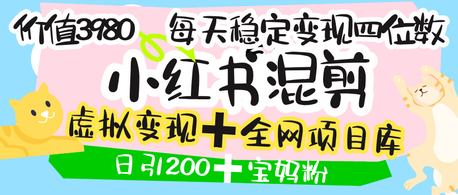 价值3980的小红书混剪, 虚拟变现 +全网项目库 , 日引200+宝妈创业粉,每天稳定四位数变现时点搞钱-网创项目资源站-副业项目-创业项目-搞钱项目时点搞钱