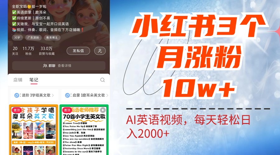 小红书三个月涨粉10W！AI英语视频0成本制作，每天轻松日入2000+时点搞钱-网创项目资源站-副业项目-创业项目-搞钱项目时点搞钱