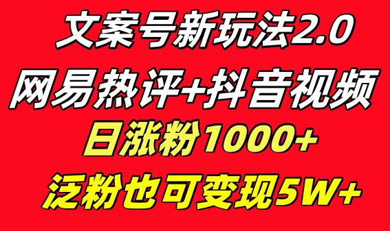 文案号新玩法 网易热评+抖音文案 一天涨粉1000+ 多种变现模式 泛粉也可变现时点搞钱-网创项目资源站-副业项目-创业项目-搞钱项目时点搞钱