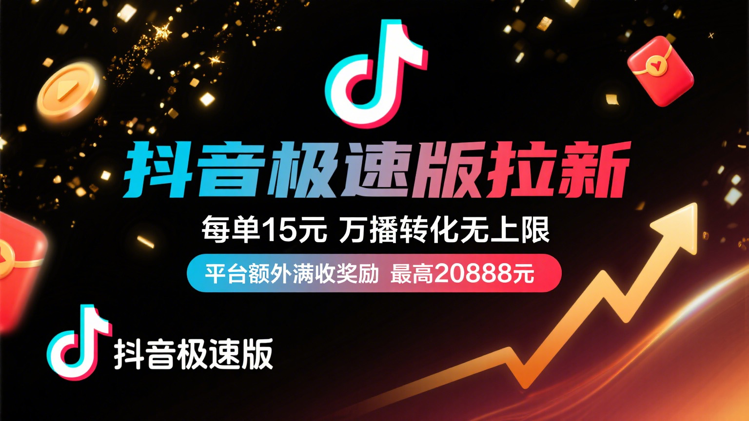 抖音极速版放福利，每单15元，万播转化无上限，平台额外满收奖励，最高可领20888元时点搞钱-网创项目资源站-副业项目-创业项目-搞钱项目时点搞钱