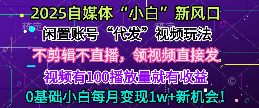 2025每月躺赚5w+新机会,闲置视频账号一键代发玩法,0粉不实名不剪辑,领了视频直接发,0基础小白也能日入300+时点搞钱-网创项目资源站-副业项目-创业项目-搞钱项目时点搞钱