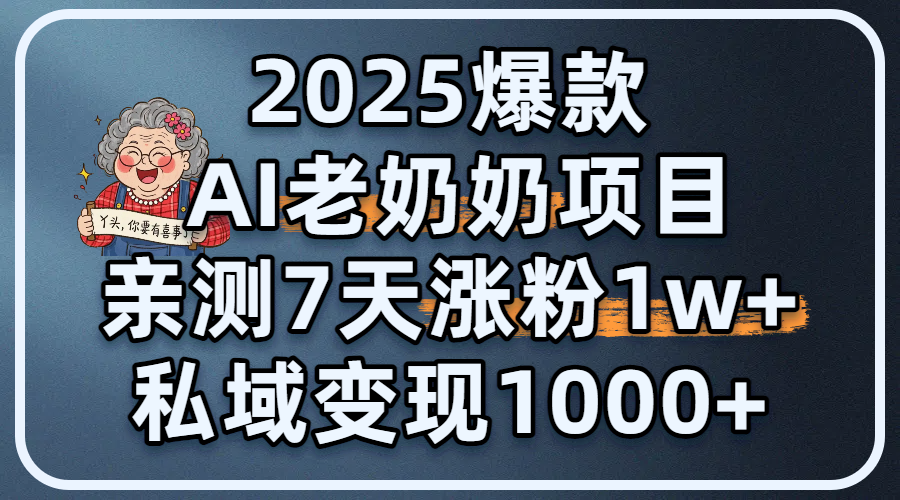 2025爆款 AI 老奶奶项目：亲测 7 天涨粉 1W+，私域变现 1000+时点搞钱-网创项目资源站-副业项目-创业项目-搞钱项目时点搞钱