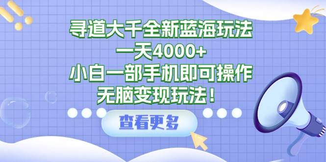 寻道大千全新蓝海玩法，一天4000+，小白一部手机即可操作，无脑变现玩法！时点搞钱-网创项目资源站-副业项目-创业项目-搞钱项目时点搞钱