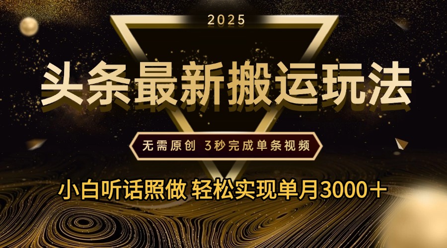 2025年今日头条最新搬运玩法，无需原创3秒完成视频轻松实现单月3000＋时点搞钱-网创项目资源站-副业项目-创业项目-搞钱项目时点搞钱