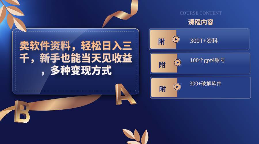 卖软件资料，轻松日入三千，新手也能当天见收益，多种变现方式，（附300T+资料，100个gpt4账号，300+破解软件）时点搞钱-网创项目资源站-副业项目-创业项目-搞钱项目时点搞钱