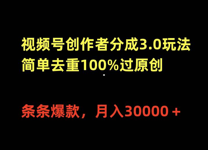 视频号创作者分成3.0玩法，简单去重100%过原创，条条爆款，月入30000＋时点搞钱-网创项目资源站-副业项目-创业项目-搞钱项目时点搞钱