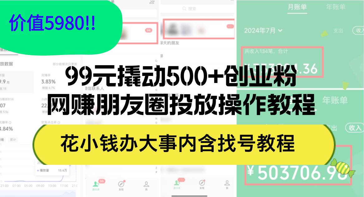 99元撬动500+创业粉，网赚朋友圈投放操作教程价值5980！花小钱办大事内…时点搞钱-网创项目资源站-副业项目-创业项目-搞钱项目时点搞钱
