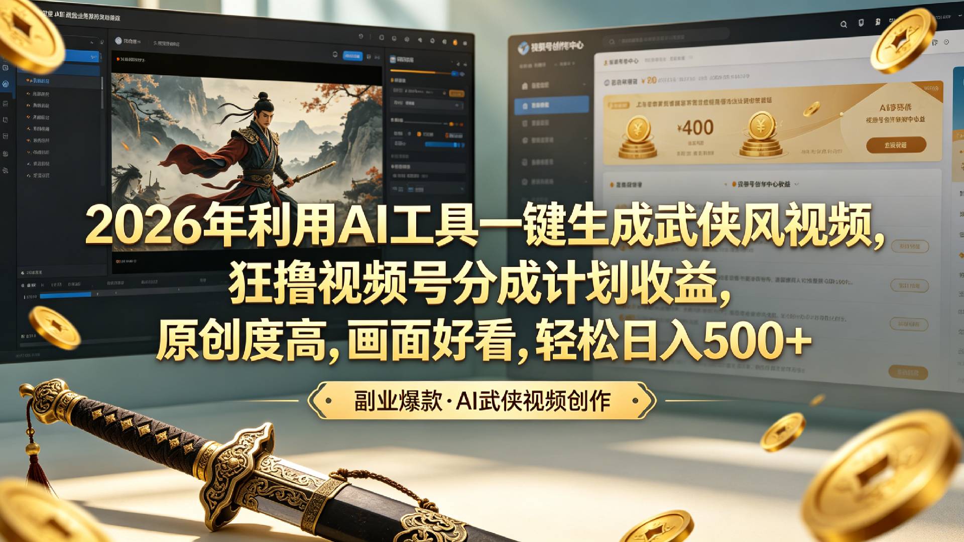 2026年利用AI工具一键生成武侠风视频，狂撸视频号分成计划收益，原创度高，画面好看，轻松日入500+时点搞钱-网创项目资源站-副业项目-创业项目-搞钱项目时点搞钱